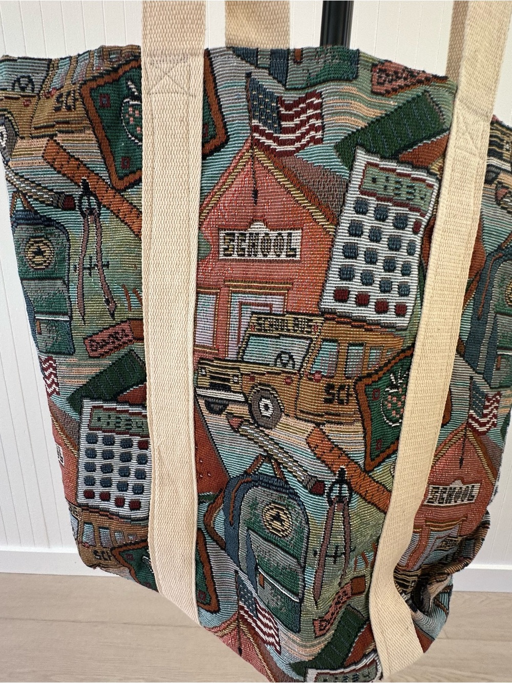 School-Themed Woven Canvas Tote Bag with Cream Straps - Multicolor